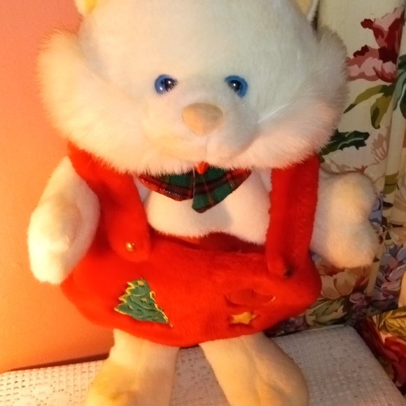 BEAUTIFUL VINTAGE 20" INCH BLUE EYED WHITE CAT CHRISTMAS STOCKING - Picture 2 of 8